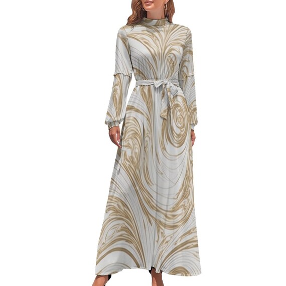 Luxurious modest Long dress with belt,event Long Tunic Dress,Spring Long Sleeve dress,Summer Party clothing,Sun Dress,Fit & Flare,gold White