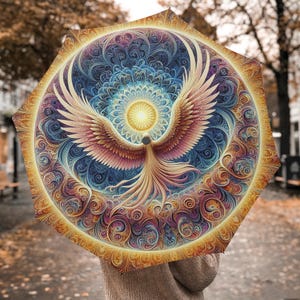 Puede incluir: Un paraguas abierto con un diseño de fénix colorido. La obra de arte presenta un fénix con alas extendidas, sobre un fondo de patrones arremolinados en oro, azul, morado y rosa. El foco central es un sol radiante.