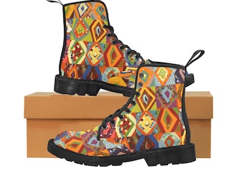 Women's Lace Up Canvas Boots,colorfull Pattern, Nevermore Boots, Doc Marten Boots, Combat Constellation  Wedding Boots,Ankle Boots for Women