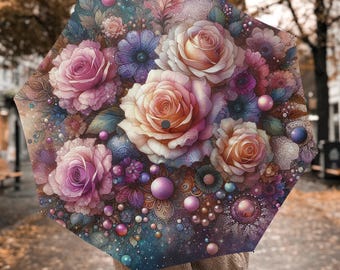 Parapluie pliant automatique Flowers Rosses pour la pluie, parapluies bohèmes, cadeaux parasols avec poignées, parasol de voyage auto-agrippant