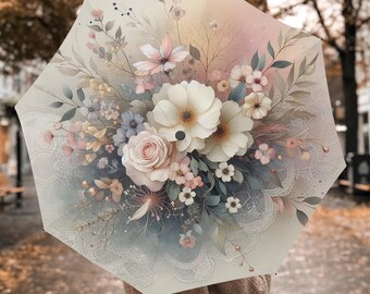 Parapluie pliant automatique à imprimé fleurs romantiques, parapluies bohèmes, parasols avec poignées cadeaux, parasol de voyage auto-agrippant