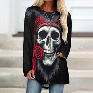 Womens Long Shirt,Crew Neck, Long Sleeve T-Shirt, Modern Shirt Oversized,unique t-shirt Fashion T,gift Chic Tee, Scull Graphic tee,Women tee