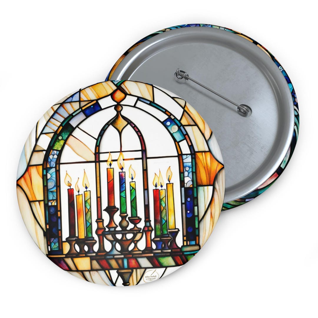 Faux Stained Glass Menorah Pin Button, Hanukkah Candle Badge, Israel ...
