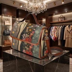 Puede incluir: Un bolso tipo cartera estructurado con asa y ribetes de cuero marr&oacute;n, decorado con un patr&oacute;n abstracto multicolor de c&iacute;rculos y l&iacute;neas fluidas. El bolso incluye un cierre de giro de metal plateado en la solapa frontal y una correa de hombro extra&iacute;ble.
