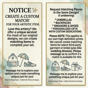May include: Two beige-colored informational cards with text and illustrations. The left card says "NOTICE CREATE A CUSTOM MATCH!" and offers custom matching items. The right card says "Request Matching Pieces" and lists items like umbrellas and backpacks.