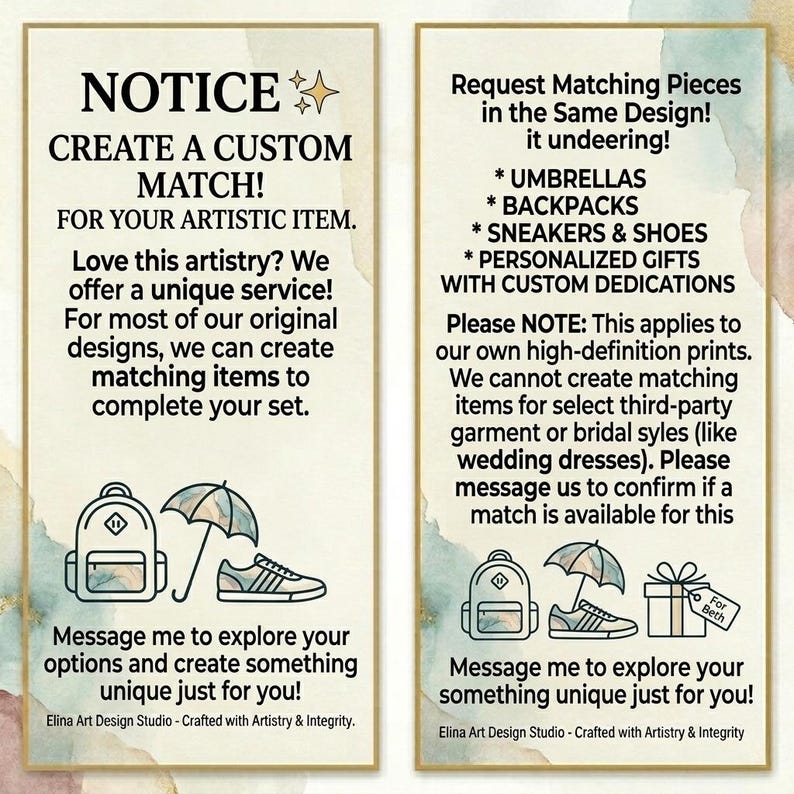 May include: Two beige-colored informational cards with text and illustrations. The left card says "NOTICE CREATE A CUSTOM MATCH!" and offers custom matching items. The right card says "Request Matching Pieces" and lists items like umbrellas and backpacks.