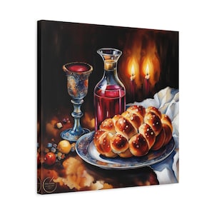 May include: A still life painting featuring a braided loaf of bread on a patterned plate, a glass decanter filled with red liquid, and an ornate metal goblet. Two lit candles glow in the dark background, casting light on the bread and wine.