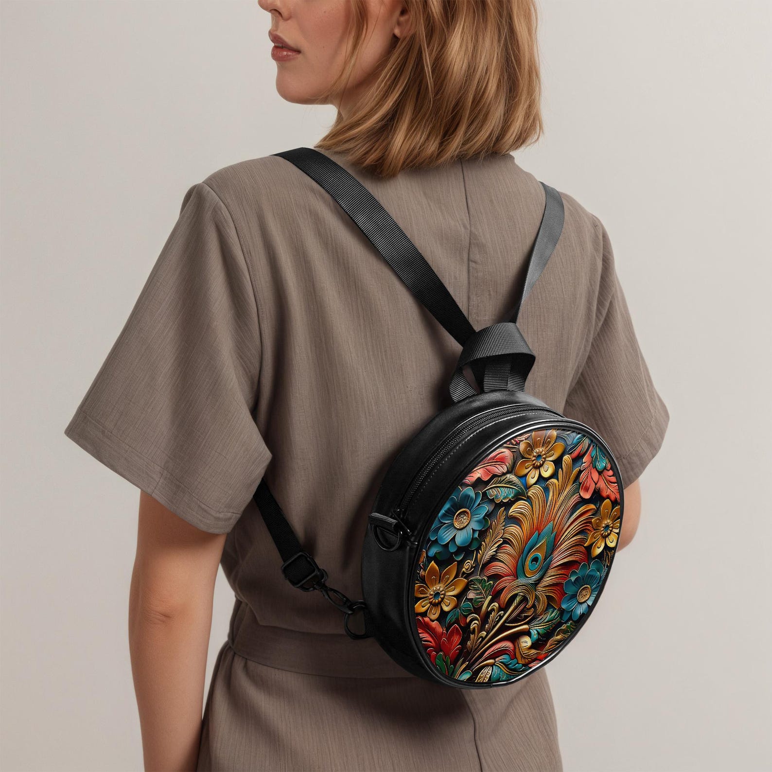 Vintage Style Floral Print Round Crossbody Bags, Vegan Leather Boho ...