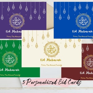 5 cartões personalizados de Eid Mubarak, cartões islâmicos para impressão, Eid Mubarak, cartões Eid