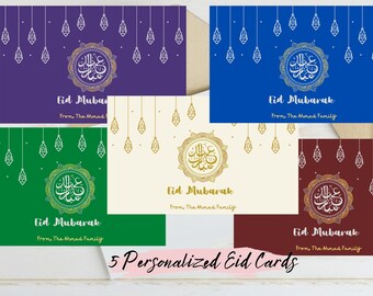 5 Personalized Eid Mubarak Greeting Cards, Printable Islamic Greeting Cards, Eid Mubarak, Eid Cards