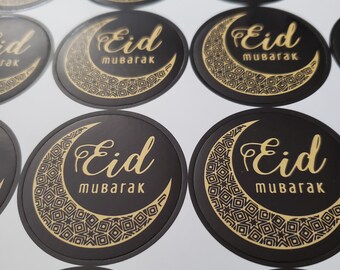 20pcs Black & Gold Eid Mubarak Round Stickers Labels- Eid Mubarak Decorations