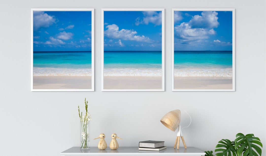 Beach Wall Art Set of 3 - Ocean Decor - Blue Sea Art - White Sand Beach ...