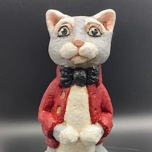 Ceramic gray and white cat with bowtie figurine