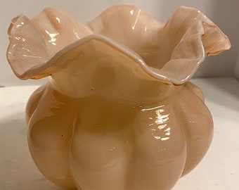 Vintage Handblown Pink Opalescent Vase with Ruffled Opening 5.5 inches in height 6 inches widest diameter