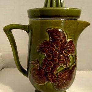 Vintage Glazed Ceramic Citrus Pitcher with Juicer Lid Fruit Motif