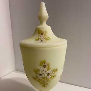 Fenton Urn with Lid ~ Frosted Green Milk Glass with Hand painted sugared florals ~  signed Alice Farley