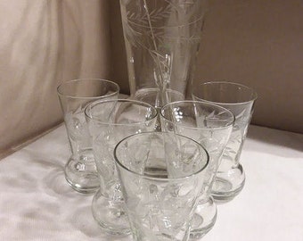 Vintage Etched Glass Pitcher and Glass Set with Glass Stirrer and Unique Curled Shaped Handle