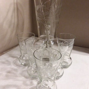 Vintage Etched Glass Pitcher and Glass Set with Glass Stirrer and Unique Curled Shaped Handle