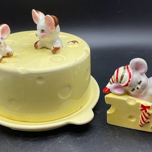 Vintage Tilso Japan Cheese w/Mice Covered butter/cheese dish or Lefton Christmas Mouse Salt/pepper