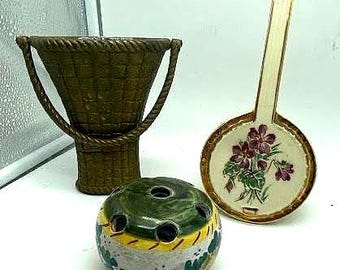 Aldaba de puerta vintage de latón con forma de cesta, bolsillo de pared para banjo Moyer, rana de flor italiana