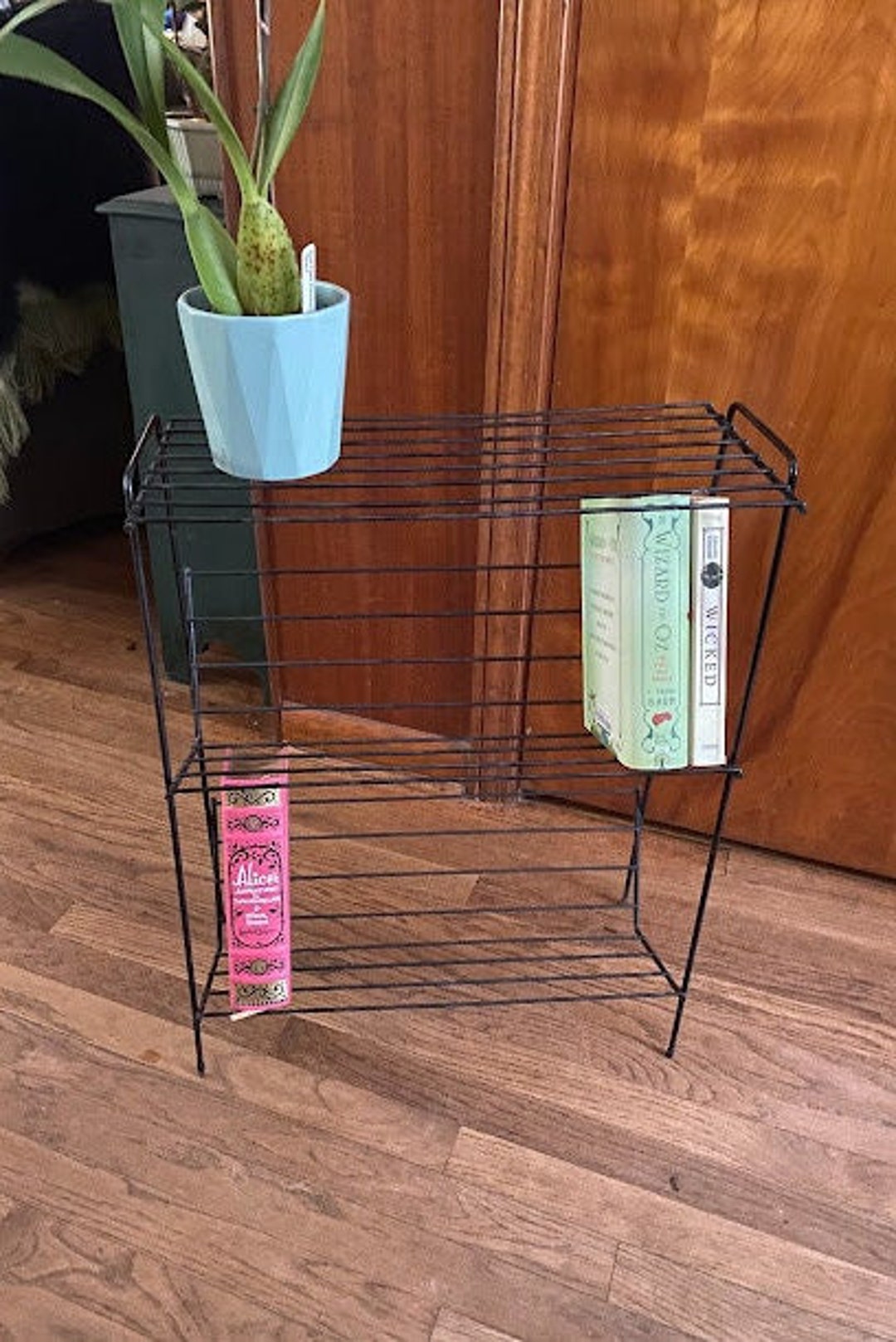 Vintage 3 Tier Mid-century Black Metal Plant Stand W/bookshelf