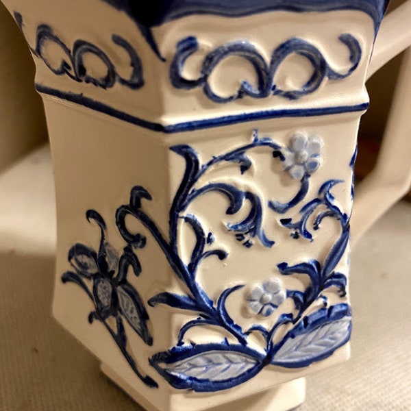 White and blue porcelain small pitcher ~ vase ~ water can ~ planter ~ creamer Made in Japan ~ Shabby Chic