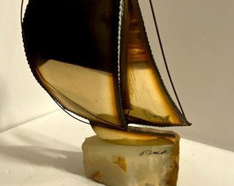 Metal/Brass Sailboat mounted on Quartz Signed Demott 10 inches height x 6 inches