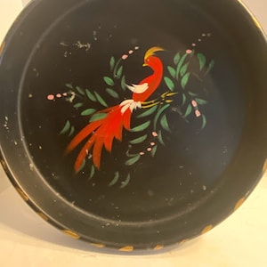 Black Round Metal Tray Tole Painted Red Rooster 13 inch diameter