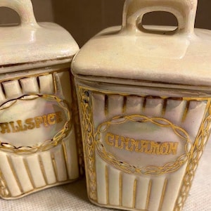 Vintage JB & W Ceramic Spice Storage ~ Opalescent Glaze with Hand painted gold details  ~ Made in Czechoslovakia