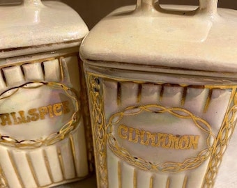 Tarros de especias de cerámica vintage JB & W, esmalte opalescente, pintados a mano en dorado, Checoslovaquia