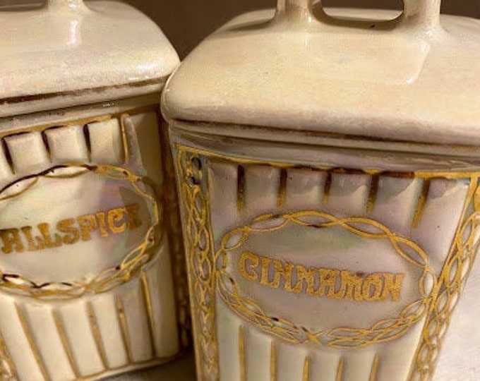 Vintage JB & W Ceramic Spice Storage ~ Opalescent Glaze with Hand painted gold details  ~ Made in Czechoslovakia