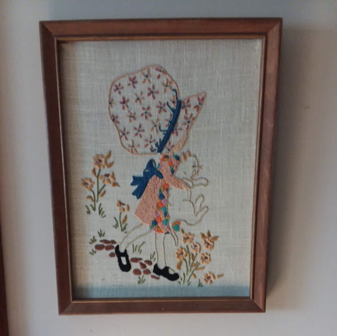 Vintage 70's Needlepoint Wall Art Girl and Kitty ~ Holly
