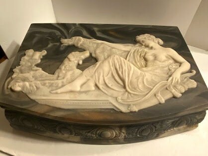 Vintage Incolay Stone Composite Jewelry Box With Tray Cherub