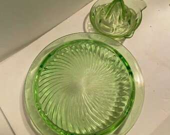 CHOICE Green Uranium Glass Cake Platter or Uranium Glass Juicer ~ Depression Glass