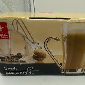Tazas de café o espresso de vidrio de 8 oz de Bormioli Rocco Verdi con asas de metal en caja original