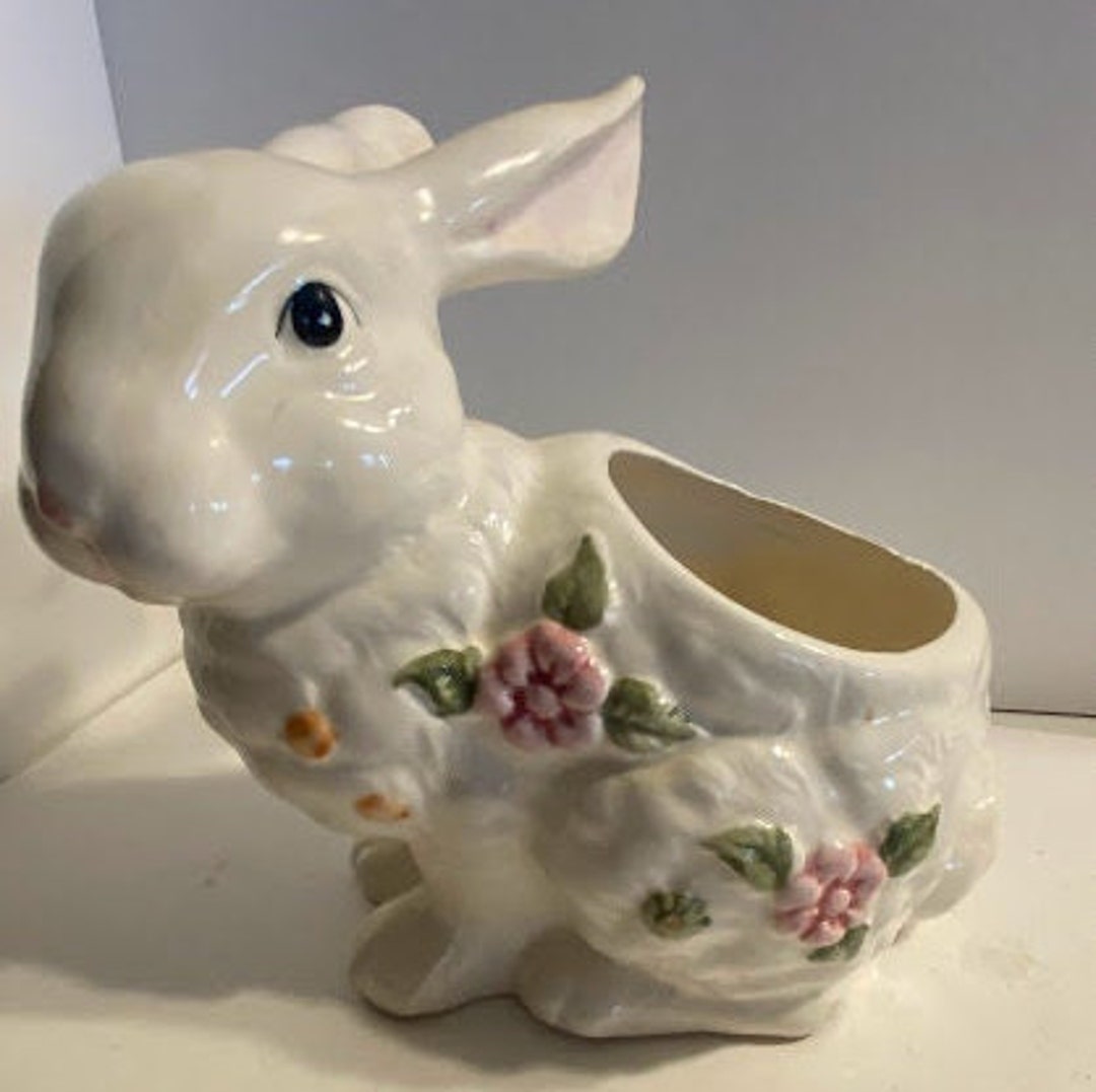 Ceramic White Rabbit Planter ~ Floral Details ~ Easter Decor ...