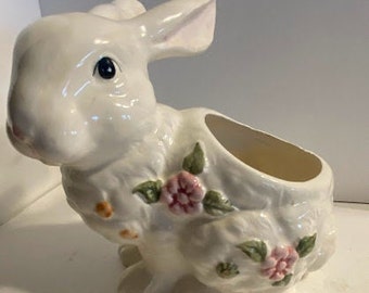 Ceramic White Rabbit Planter ~ Floral details ~ Easter decor ~ Succulent Planter