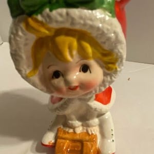 Lefton Ceramic Christmas Egg Cup or Votive Candle holder ~ Christmas girl on sled