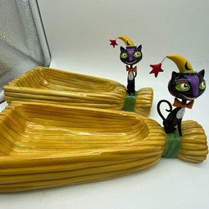 Dept 56 black cat broom candy dish ~ set of 2