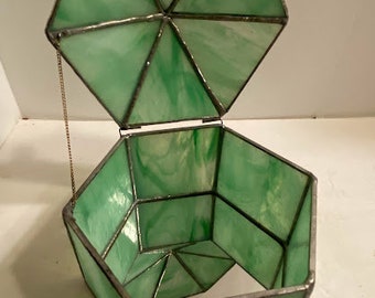 Green Slag Glass trinket box welded stained glass/mirrored bottom