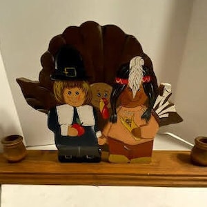 Primitive Hand Made wooden cut out candle holder ~ Turkey, Pilgrim and Indian Thanksgiving Decor ~ 16x9