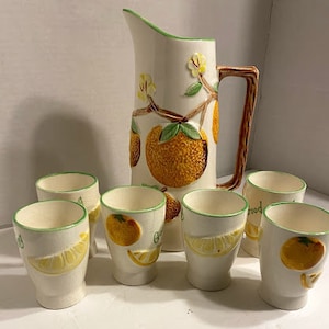 Napcoware &quot;Good Morning&quot; ceramic breakfast juice set ~ pitcher w/ 6 cups ~ Sunny Citrus Pattern