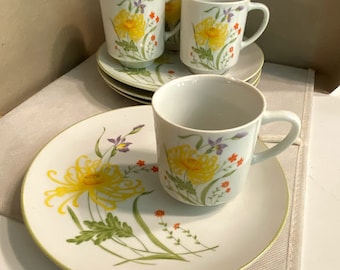 Set of  4 Snack and Cup Set~ Girls Luncheon ~ Brunch Set  ~ Fresh Hand Painted Floral Design ~ Made in Japan