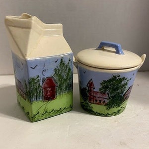 Primitive Hobbyist Hand made Creamer and Sugar ~ Milk Carton and Bucket ~ Hand Painted