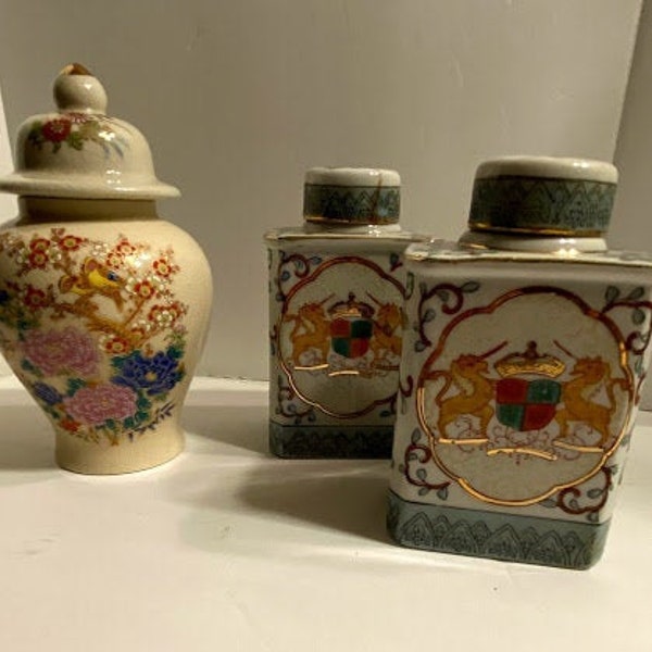 Vintage Oosterse gemberpot met deksel, ondertekend gemaakt in Japan of Lenwile Ardalt porseleinen vierkante gemberpot met deksel
