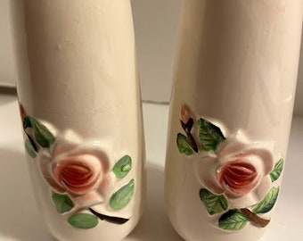 Classic Vintage Porcelain Salt and Pepper Shakers w Floral design and Heartfelt saying ~ Made in Japan