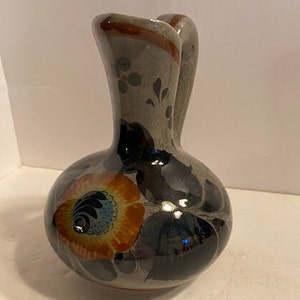 Grey Tonala Pitcher ~ Blue/Black/Orange/Yellow Florals Signed Mexico