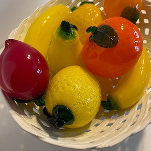 White ceramic basket bowl/ Assorted Glass Fruit and Vegetables ~ Prices listed separately