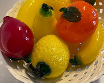 White ceramic basket bowl/ Assorted Glass Fruit and Vegetables ~ Prices listed separately