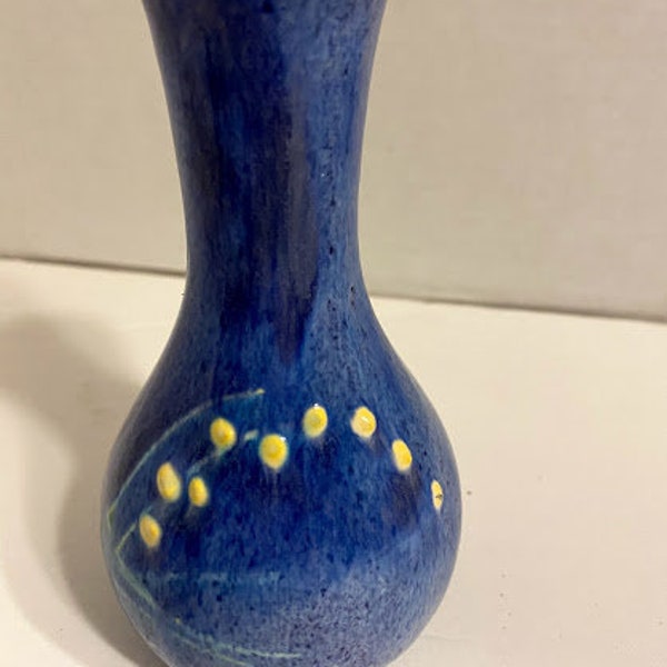 Hand Made Earthworks Pottery Vase Blue w/Yellow Moriage dots 5.5x2.5